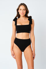 UNE PIECE-Crinkle Cut High-Waisted Bikini Bottom BLACK