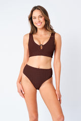 UNE PIECE-Crinkle Cut High-Waisted Bikini Bottom CHOCOLATE