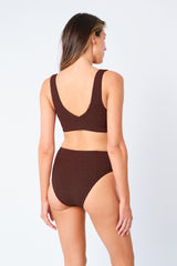 UNE PIECE-Crinkle Cut High-Waisted Bikini Bottom CHOCOLATE