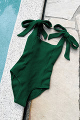 UNE PIECE-Crinkle Cut Square Neck One Piece FOREST GREEN