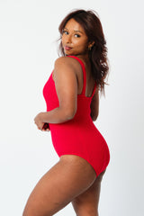 UNE PIECE-Crinkle Cut Square Neck One Piece RED