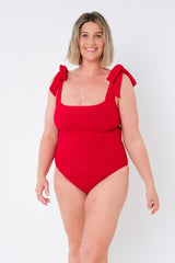 UNE PIECE-Crinkle Cut Square Neck One Piece RED