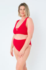 UNE PIECE-Crinkle Cut V-Neck Bikini Bralette with Ring RED