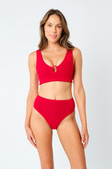 UNE PIECE-Crinkle Cut V-Neck Bikini Bralette with Ring RED