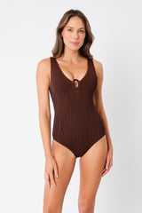 UNE PIECE-Crinkle Cut V-Neck One Piece with Ring CHOCOLATE
