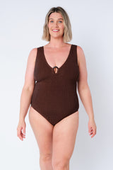 UNE PIECE-Crinkle Cut V-Neck One Piece with Ring CHOCOLATE