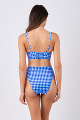 UNE PIECE-High-Cut High-Waisted Bikini Bottom COBALT BLUE GINGHAM