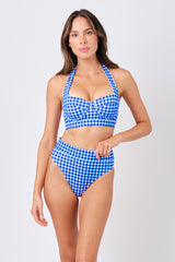 UNE PIECE-High-Cut High-Waisted Bikini Bottom COBALT BLUE GINGHAM