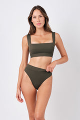 UNE PIECE-High-Cut High-Waisted Bikini Bottom KHAKI TEXTURE