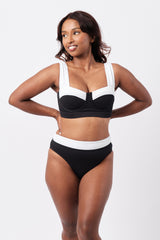UNE PIECE-High-Cut High-Waisted Bikini Bottom MONOCHROME TEXTURE