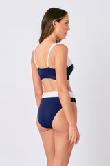 UNE PIECE-High-Cut High-Waisted Bikini Bottom NAVY MONOCHROME TEXTURE