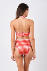 UNE PIECE-High-Cut High-Waisted Bikini Bottom RED GINGHAM