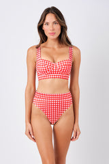 UNE PIECE-High-Cut High-Waisted Bikini Bottom RED GINGHAM