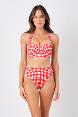 UNE PIECE-High-Cut High-Waisted Bikini Bottom RED GINGHAM