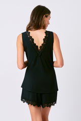 UNE PIECE-Lace Trim Cami + Shorts Sleep Pyjama Set BLACK