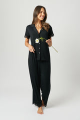 UNE PIECE-Lace Trim Modal Full Length Pyjama Set BLACK