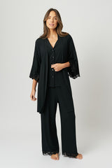 UNE PIECE-Lace Trim Modal Full Length Pyjama Set BLACK