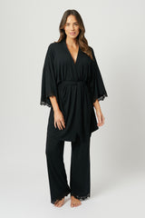 UNE PIECE-Lace Trim Modal Full Length Pyjama Set BLACK