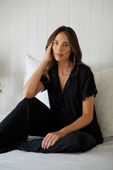 UNE PIECE-Lace Trim Modal Full Length Pyjama Set BLACK