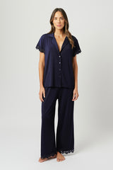 UNE PIECE-Lace Trim Modal Full Length Pyjama Set NAVY