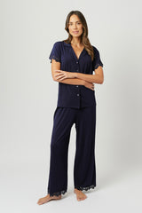 UNE PIECE-Lace Trim Modal Full Length Pyjama Set NAVY