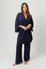 UNE PIECE-Lace Trim Modal Full Length Pyjama Set NAVY