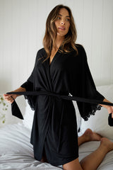 UNE PIECE-Lace Trim Modal Robe BLACK
