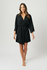 UNE PIECE US-(Bundle) Lace Trim V-Neck Nightie + Modal Robe BLACK