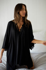 UNE PIECE US-(Bundle) Lace Trim V-Neck Nightie + Modal Robe BLACK