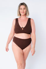 UNE PIECE-Crinkle Cut High-Waisted Bikini Bottom CHOCOLATE