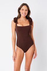 UNE PIECE-Crinkle Cut Square Neck One Piece CHOCOLATE