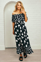 UNE PIECE-Frill Off-Shoulder Maxi Dress MAGNOLIA SILHOUETTE BLACK