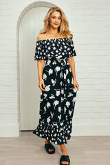 UNE PIECE-Frill Off-Shoulder Maxi Dress MAGNOLIA SILHOUETTE BLACK