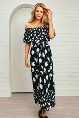 UNE PIECE-Frill Off-Shoulder Maxi Dress MAGNOLIA SILHOUETTE BLACK