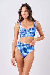 UNE PIECE-High-Cut High-Waisted Bikini Bottom COBALT BLUE GINGHAM