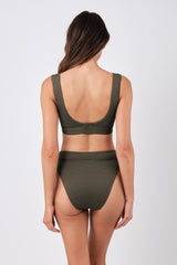 UNE PIECE-High-Cut High-Waisted Bikini Bottom KHAKI TEXTURE