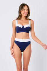 UNE PIECE-High-Cut High-Waisted Bikini Bottom NAVY MONOCHROME TEXTURE