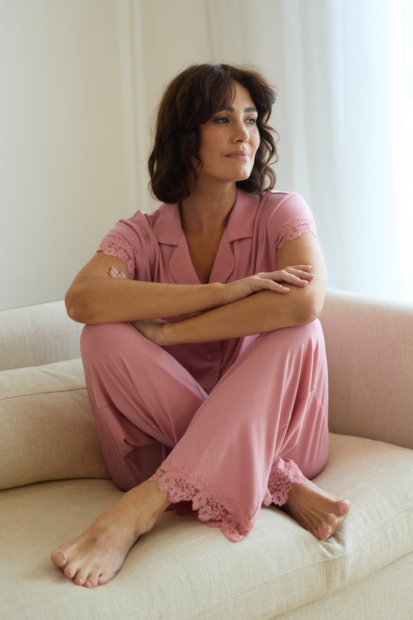 UNE PIECE-Lace Trim Modal Full Length Pyjama Set BLUSH PINK