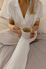 UNE PIECE-Lace Trim Modal Full Length Pyjama Set IVORY