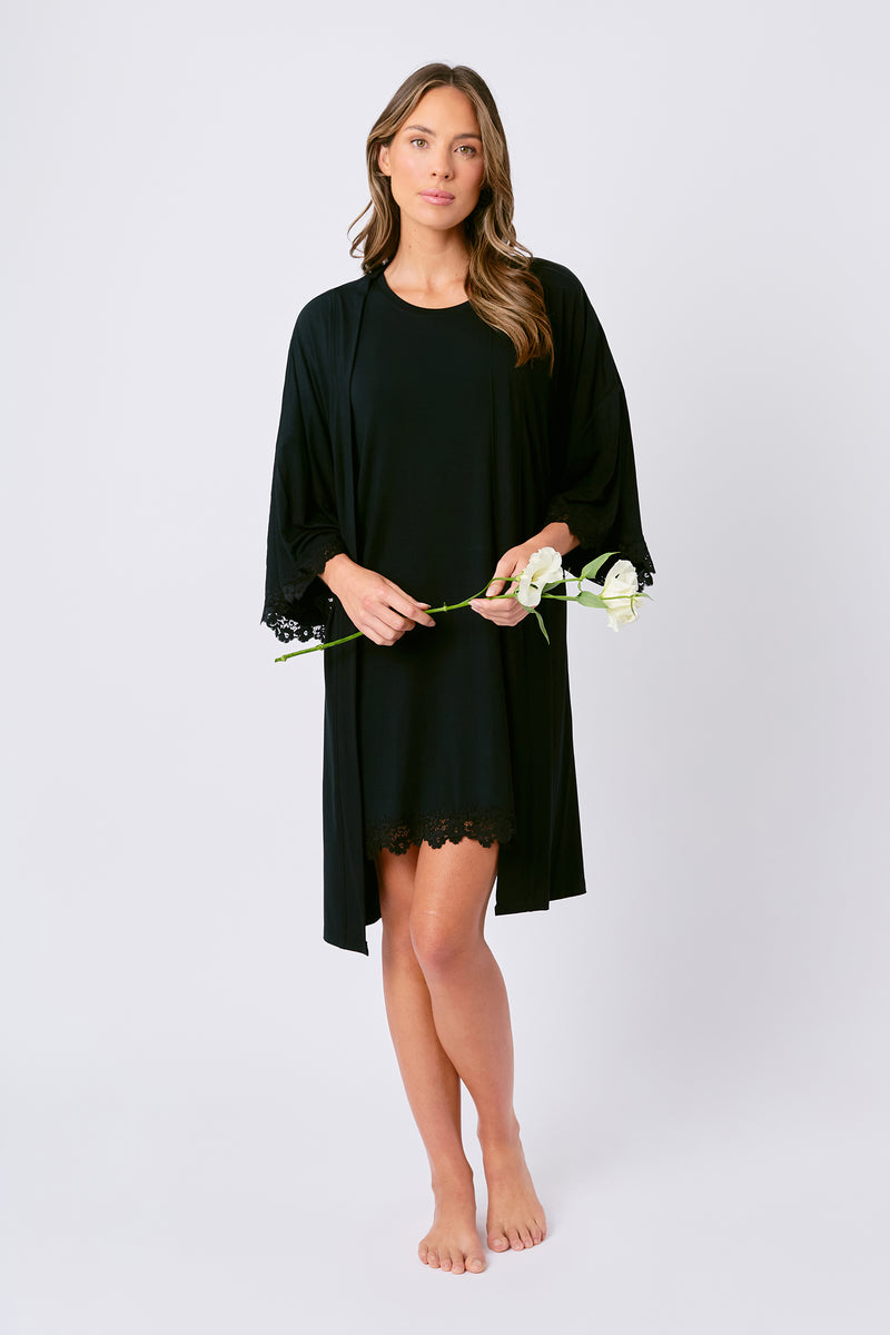 UNE PIECE-Lace Trim Modal Robe BLACK