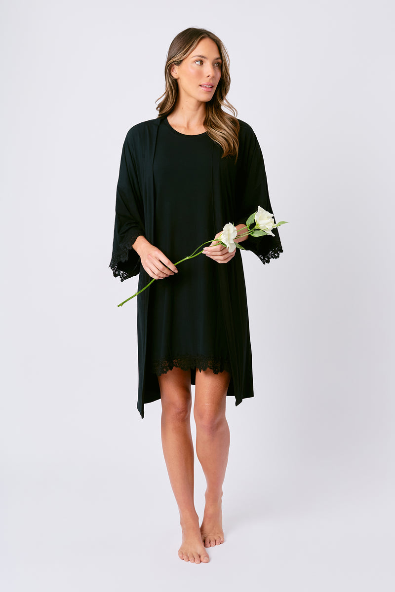 UNE PIECE-Lace Trim Modal Robe BLACK