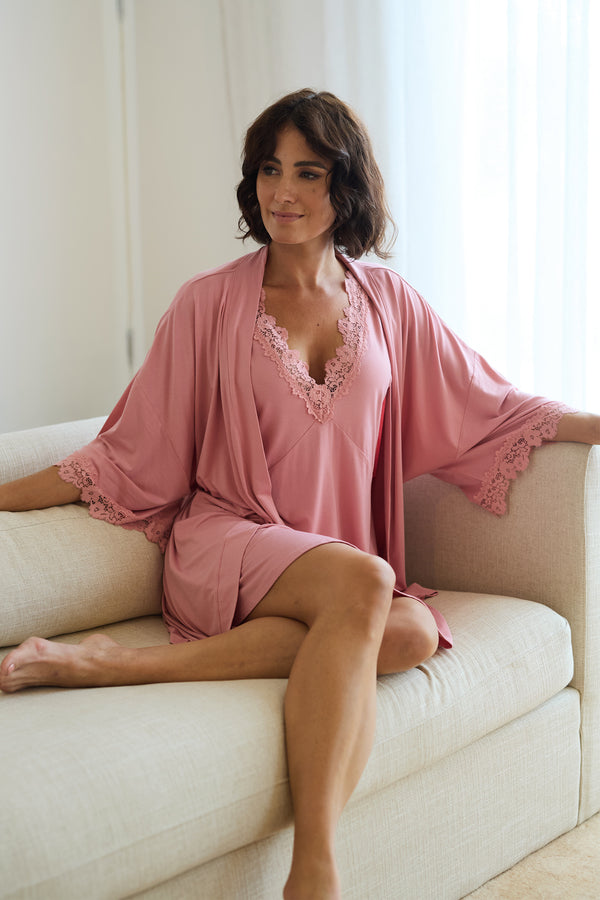 UNE PIECE-Lace Trim Modal Robe BLUSH PINK