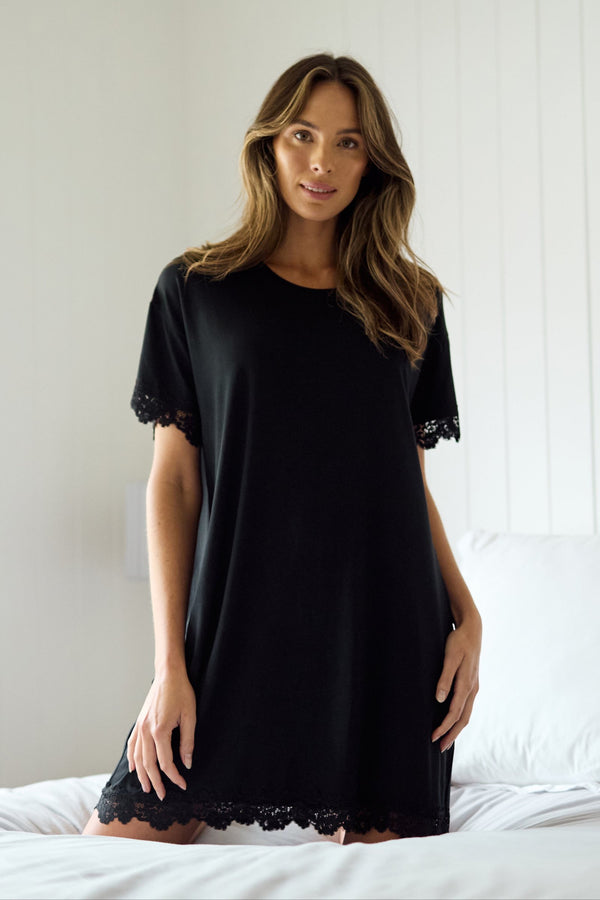 Lace Trim Sleep Tee Nightie BLACK