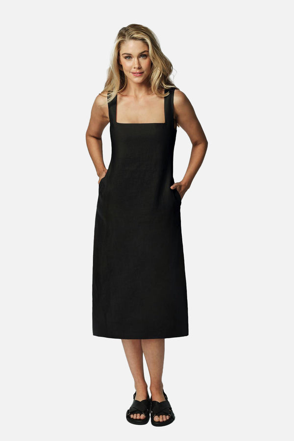 UNE PIECE-Linen Square Neck Midi Dress BLACK