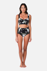 UNE PIECE-Never Say Never High-Waisted Bikini Bottom LONDON BOTANICAL BLACK