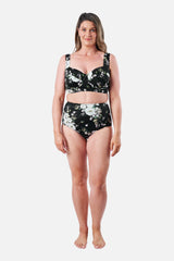 UNE PIECE-Never Say Never High-Waisted Bikini Bottom LONDON BOTANICAL BLACK