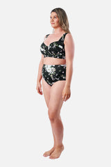 UNE PIECE-Never Say Never High-Waisted Bikini Bottom LONDON BOTANICAL BLACK