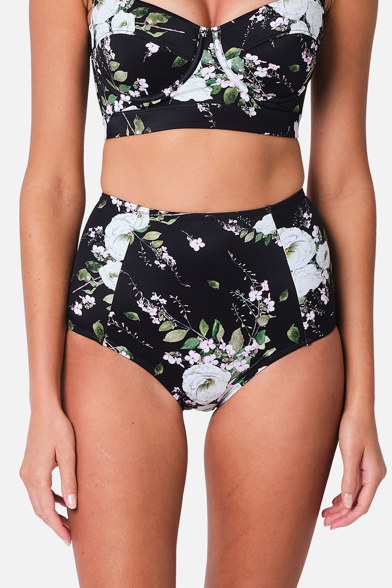 UNE PIECE-Never Say Never High-Waisted Bikini Bottom LONDON BOTANICAL BLACK