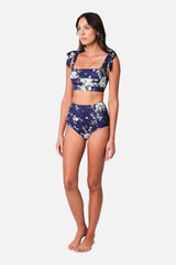 UNE PIECE-Never Say Never High-Waisted Bikini Bottom LONDON BOTANICAL NAVY