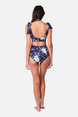 UNE PIECE-Never Say Never High-Waisted Bikini Bottom LONDON BOTANICAL NAVY